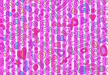 Dynamic Retro Pop Art Aesthetic Seamless Pattern Featuring Vibrant Neon Colors, Playful Geometric Shapes, and Hearts on a Striped Background, Ideal for Creative Designs