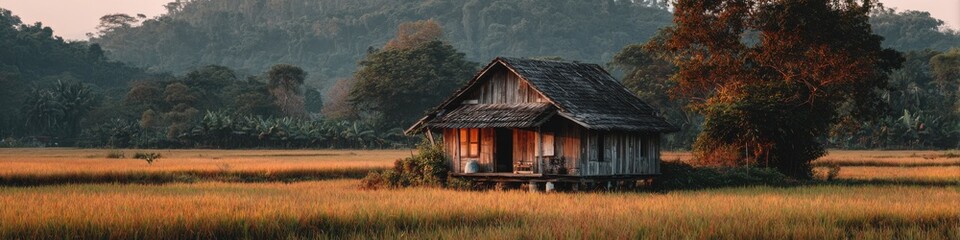 A charming rustic wooden hut stands serenely amid the golden rice field, embodying traditional rural life under the watchful eye of the distant mountains.