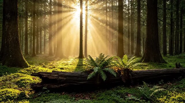 Close up detail of vibrant green moss, ferns, and decaying leaves on a fallen, moss covered log, glistening with morning dew or mist. Macro or tight shot emphasizing intricate natural textures and?