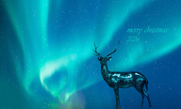 Copper-plated shiny dee, Aurora borealis in the background- Christmas decoration on abstract background 2026