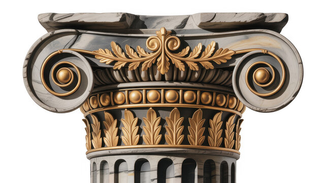 Fototapeta Ornate gold and marble ionic column capital with acanthus leaves and scrolls isolated on a transparent background