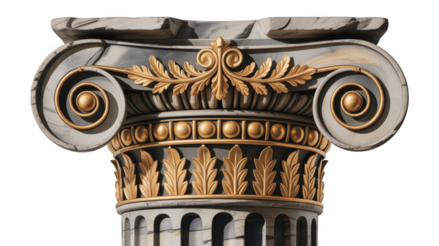 Ornate gold and marble ionic column capital with acanthus leaves and scrolls isolated on a transparent background