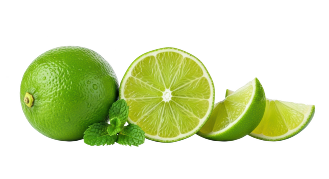 Creative fresh limes with mint leaves presentation showing lime, limes, fruit concept suitable for advertising or e-commerce design