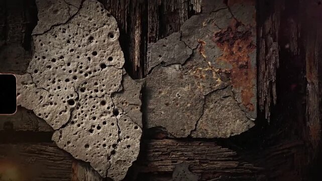 Showcasing an evolving abstract composition where distressed natural elements merge with gritty, stylized visual effects. Forward motion, panning, static, zoom