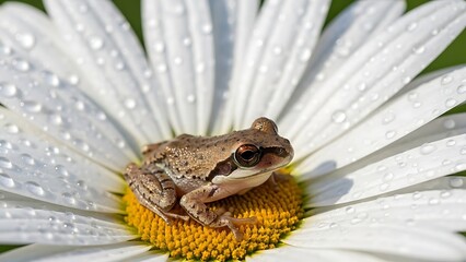 Small frog resting on a white daisy with dew drops in a garden