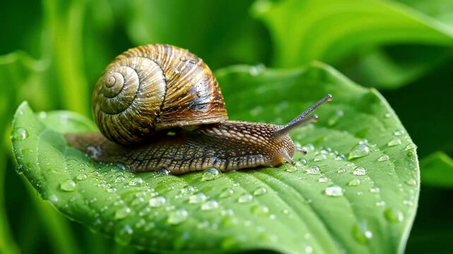 Close up perspective revealing the intricate spiral patterns and unique textures of a snail's shell, glinting with moisture under soft natural light. detailed, organic, iridescent