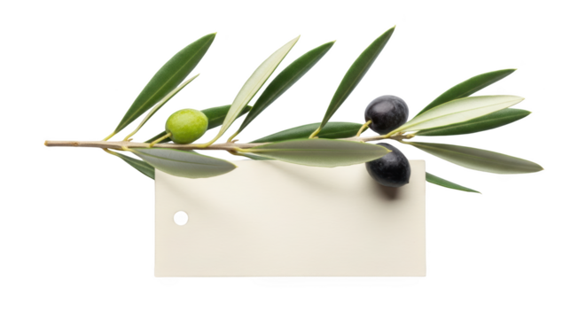 Modern fresh olive branch with ripe olives and blank tag still life photo highlighting olive, branch, leaves ideal for branding or digital marketing content