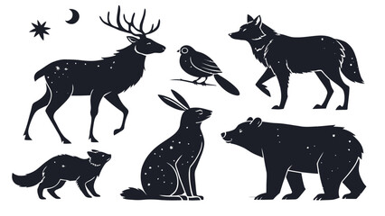 Naklejka premium Vector christmas silhouette illustration of various animals including deer bear wolf and rabbit in black and white style