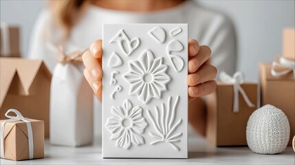 A woman holds a white panel with a floral design in front of a collection of wrapped gifts. The image is a studio shot with soft lighting.