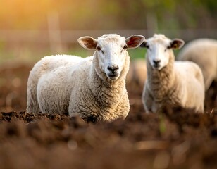 Obraz premium Two white sheep looking directly at the camera, in a field, lit by the sun