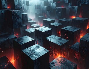 An abstract digital landscape with glowing orange depths beneath cool, square structures. Fog obscures the distant background