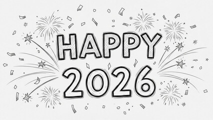 Obraz premium Celebrate a cheerful Happy 2026 New Year with festive fireworks and confetti, perfect for stylish greeting cards and joyful holiday promotions now