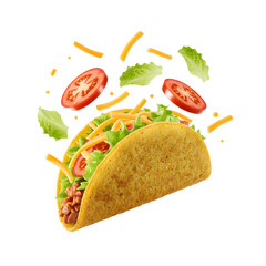 Taco with Ground Beef Lettuce Tomato Cheese and Salsa in Corn Shell on White Background