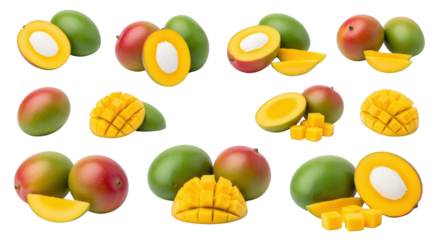 Creative fresh ripe mangoes whole sliced cubed and halved presentation showing mango, fruit, tropical concept suitable for advertising or e-commerce design