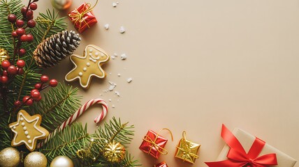 Festive Christmas flat lay with gingerbread cookies, ornaments, and gifts perfect for holiday greetings