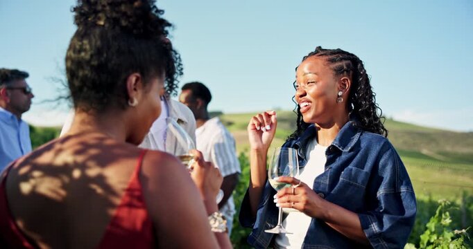 Friends, laughing or discussion in vineyard with wine for summer holiday, joke or bonding together. Countryside, winery tour or people in nature with grape vines, alcohol drink or funny conversation.