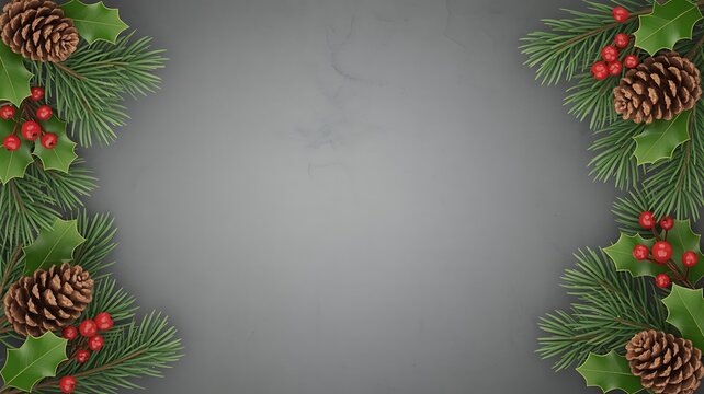 Festive evergreen branches with pinecones and red berries create a classic Christmas holiday background