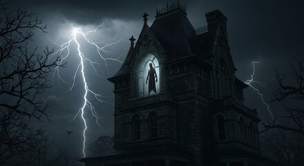 Zombie in the Turret Realistic long-distance shot of a Gothic Victorian mansion, a pale zombie figure is visible standing motionless in a circular tower window