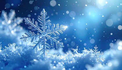 Close-up of a delicate snowflake resting on icy terrain. A soft, blue glow with particles creates a festive, magical scene