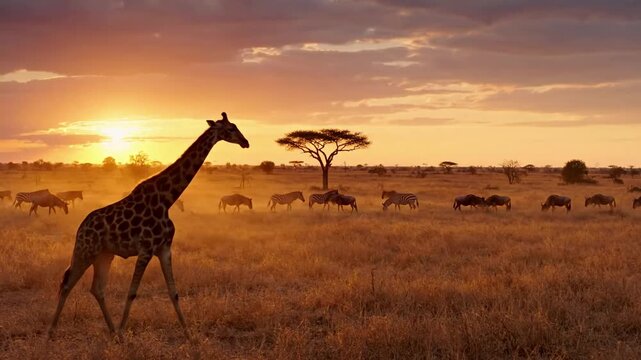 A large herd of zebras and wildebeest grazing peacefully on the sun drenched plains, dust subtly rising from their hooves, showcasing the harmonious coexistence of wildlife.