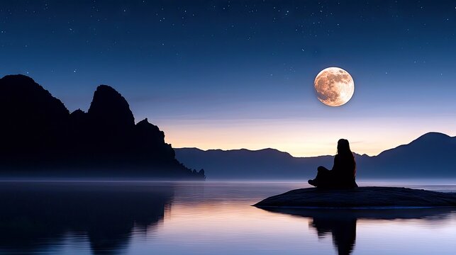 A woman sits in meditation by a lake at night, silhouetted against a full moon and starry sky.