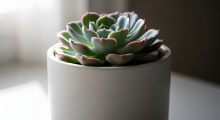 Close up of a succulent plant in a white pot with a window in the background showing natural light