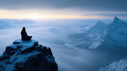 A woman sits in a meditative pose on a snowy mountain peak, overlooking a vast, misty mountain range at dusk.