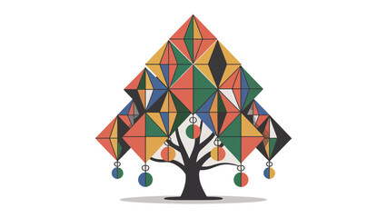 Geometric Christmas Tree Illustration: A festive geometric Christmas tree illustration adorned with colorful diamond shapes and ornaments.
