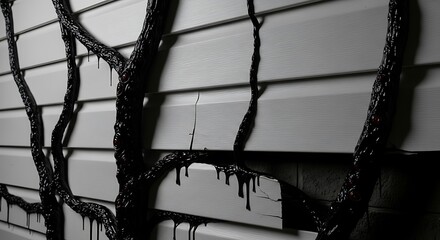 Tendrils on Siding Realistic detail shot of white vinyl siding, where thick, pulsating black demonic tendrils are creeping up the wall from the ground