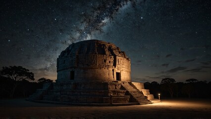 Cinematic digital artwork of a large structure in the middle of a field under a night sky