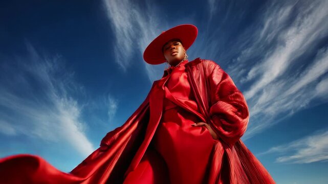 Stunning Fashion Portrait of a Model in a Bold Red Ensemble Against a Dramatic Blue Sky with Whimsical Clouds, Showcasing Artistic Flair and Unique Style Choices