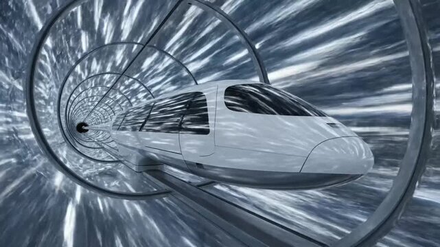 Futuristic train speeding through luminous tunnel