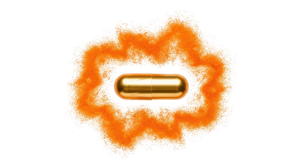 Creative golden capsule surrounded by vibrant orange powder presentation showing capsule, golden, orange concept suitable for advertising or e-commerce design