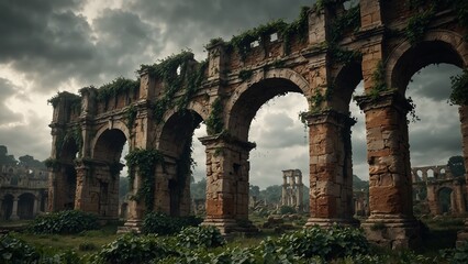 AI-generated concept art of the ruins of an ancient roman city under a cloudy sky