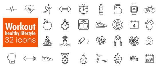 Comprehensive collection of outline vector icons illustrating various aspects of fitness, healthy lifestyle, and workout activities, perfect for modern graphic design projects and digital interfaces