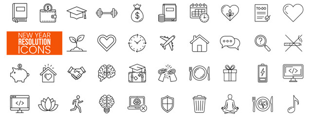 Diverse collection of outline icons illustrating popular New Year's resolutions for personal growth, financial planning, health, education, and lifestyle improvements, perfect for goal setting