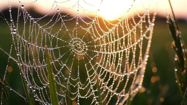 The mesmerizing refraction and reflection of light within tiny water droplets, transforming a simple web into a jewel like spectacle. Capture the optical effects of light passing through and?