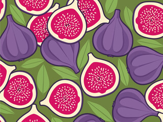 Vibrant purple figs and juicy cut halves displaying pink flesh and white seeds form a seamless, decorative pattern, scattered artistically among pointed green leaves on a soft olive green background