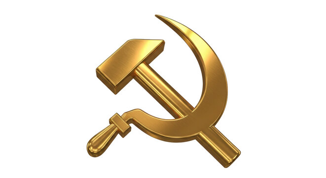 High resolution golden hammer and sickle symbol design mockup featuring hammer, sickle, gold on clean white background for product presentation use