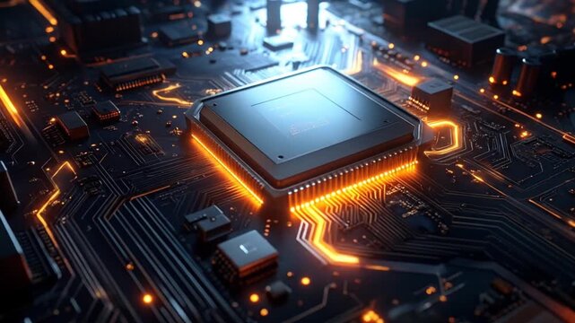 Intricate Computer Chip Illuminated with Orange and Blue Lights.