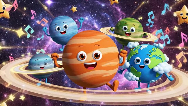Animated solar system planets with musical notes and stars in space