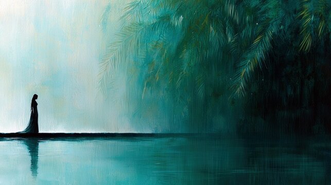 A woman in a long dress stands by a body of water, with lush greenery overhead, creating a serene and contemplative atmosphere.