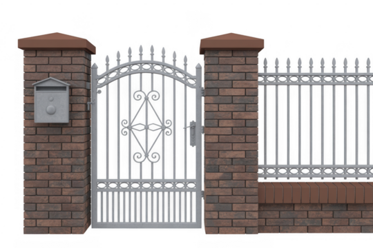 Ornate white metal garden gate with brick pillars and mailbox isolated on a transparent background