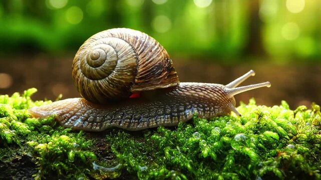 The intricate spiral patterns and natural textures of a snail's shell, highlighted by morning dew, reflecting the surrounding lush, green foliage of a forest floor.