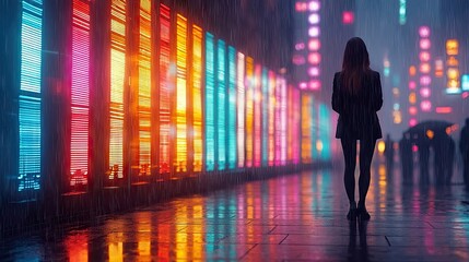 A woman stands alone in the rain on a city street at night, illuminated by colorful neon lights.
