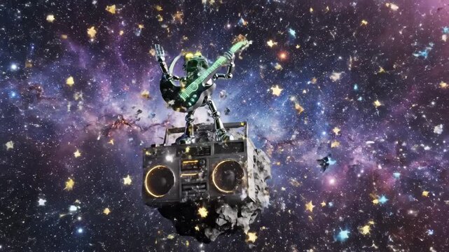 Animated robot musician playing guitar with musical notes in outer space