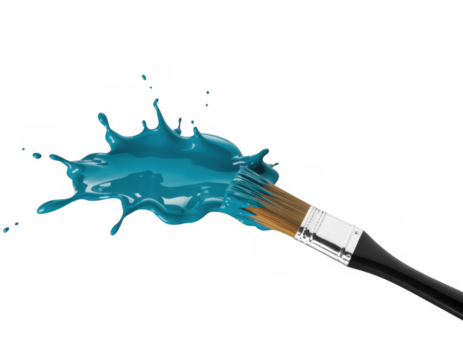 Paintbrush splashing vibrant turquoise liquid against a stark black background isolated on a transparent background
