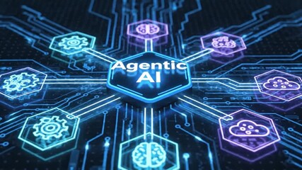 A central "Agentic AI" hexagon connected to various digital icons representing different functionalities and concepts within a futuristic circuit board design. - Powered by Adobe