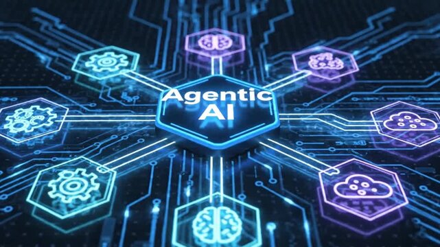 A central "Agentic AI" hexagon connected to various digital icons representing different functionalities and concepts within a futuristic circuit board design.