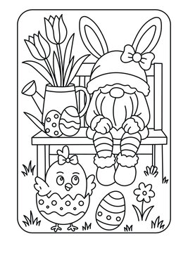 Cute Easter Gnome and Chick Coloring Page